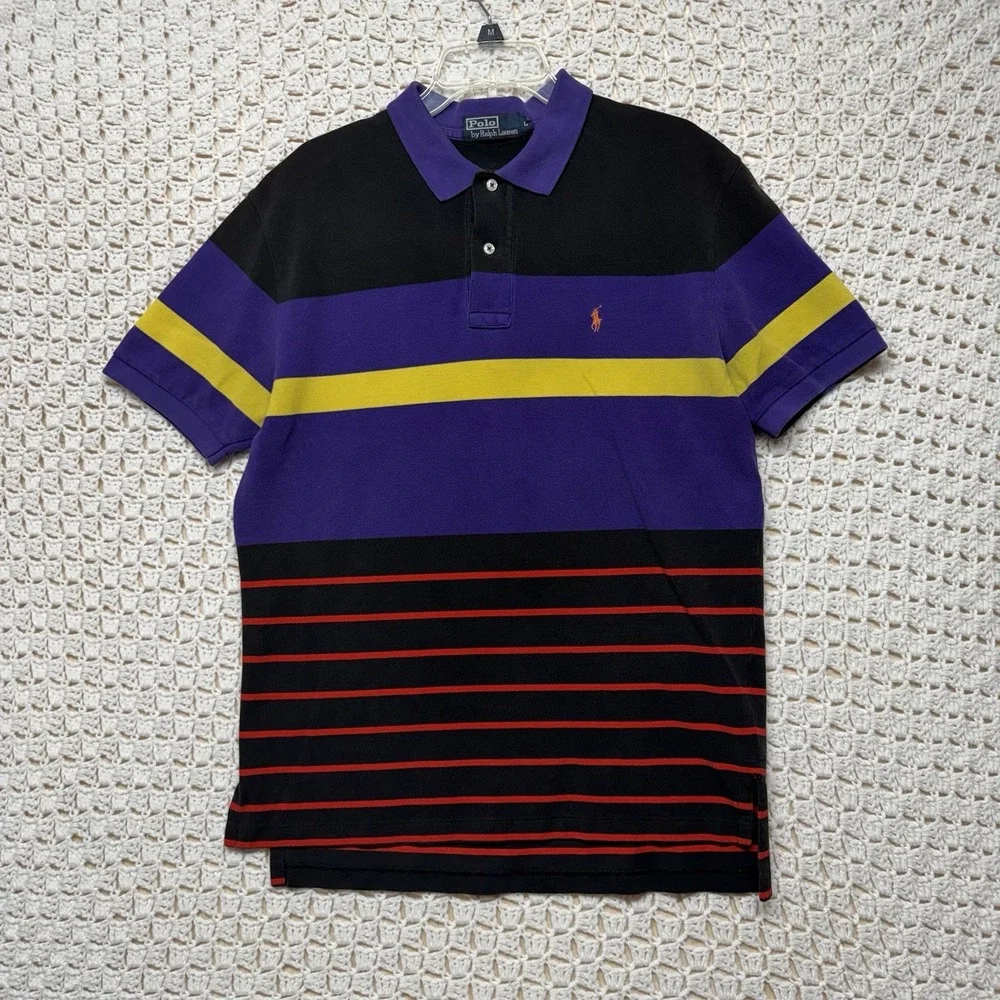 VTG 90s Polo Ralph Lauren Polo Shirt Mens Sz L Purple Black Yellow Red Striped